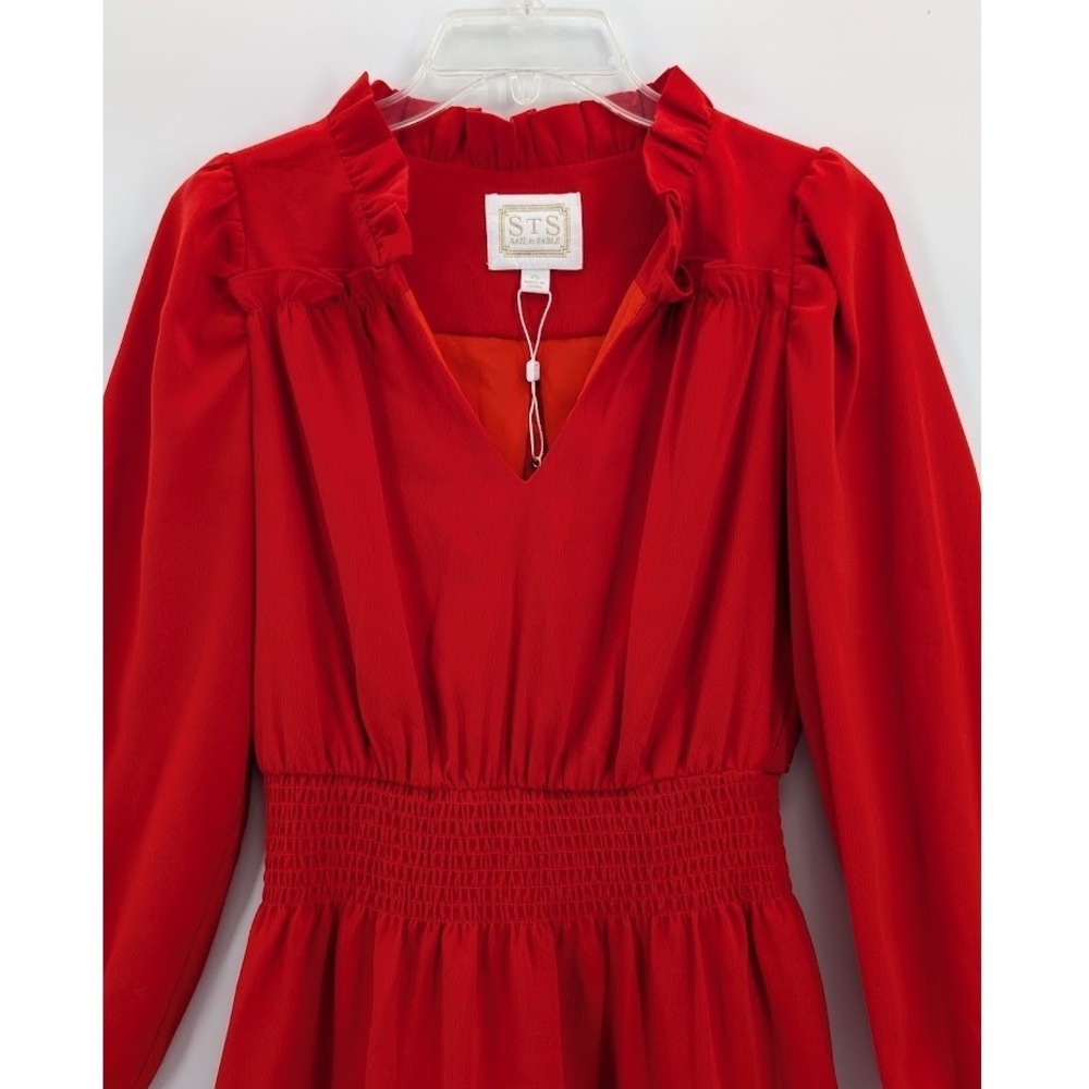 STS Sail to Sable Red Smocked Waist Dress Tiered Mini Ruffle V Neck XS Prom Hoco - Picture 4 of 12